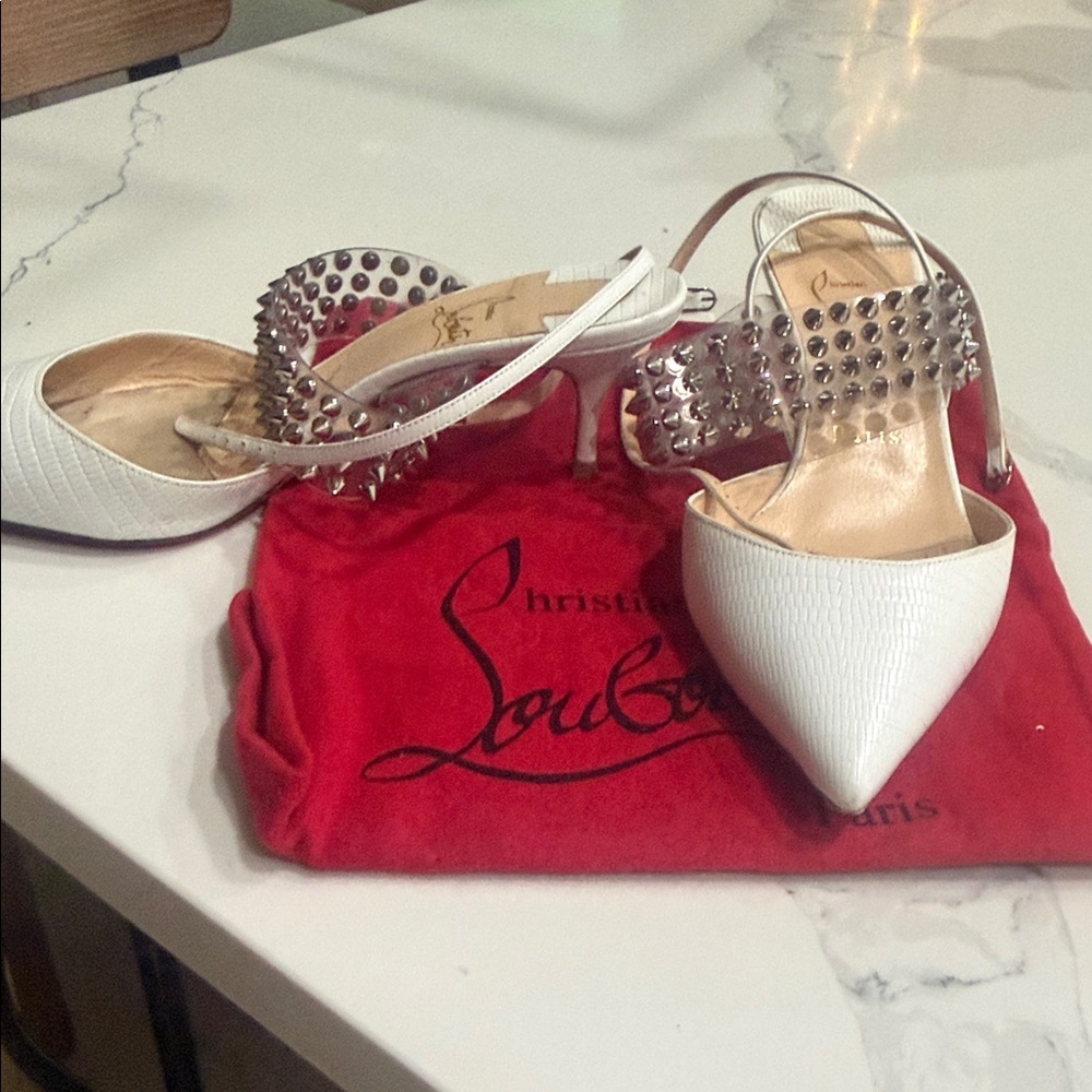 Christian Louboutin White and Silver Studded Heels - Picture 3 of 9